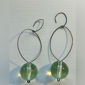 Green Bead Drop Pierced Dangle Hook Earrings Modern Boho Costume Jewelry 3”‎
